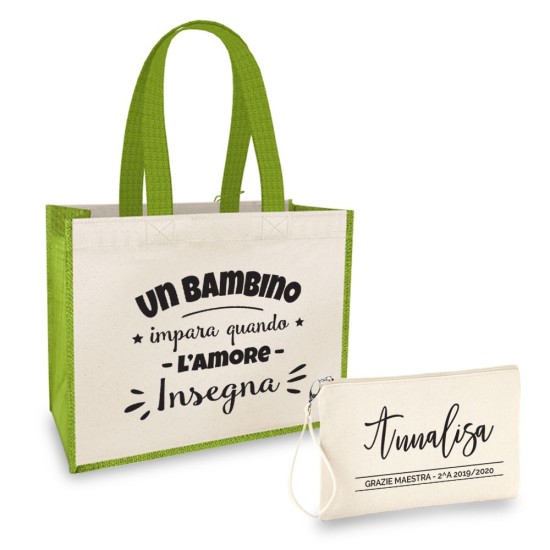 Borsa Shopper personalizzata regalo maestra, abbinata a pochette con nome e classe