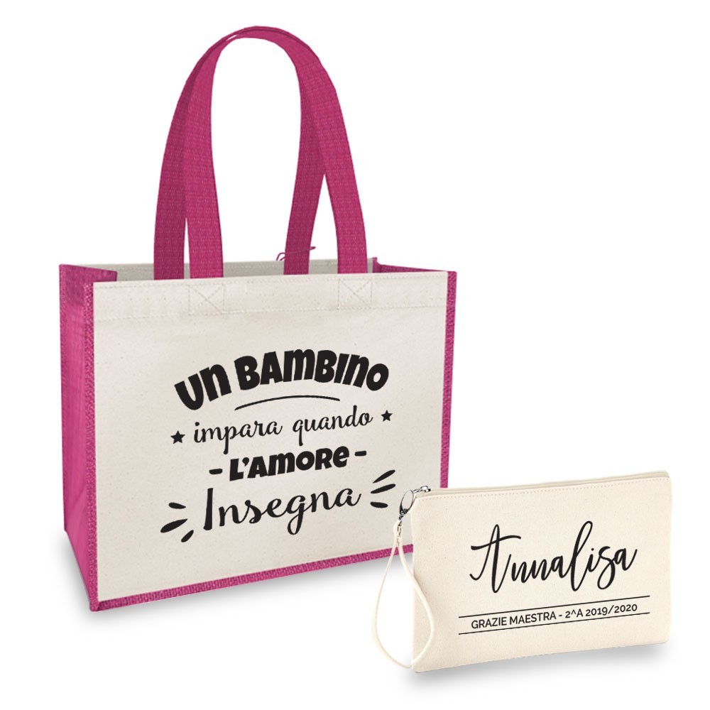 Borsa Shopper personalizzata regalo maestra, abbinata a pochette con nome e classe