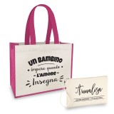 Borsa Shopper personalizzata regalo maestra, abbinata a pochette con nome e classe