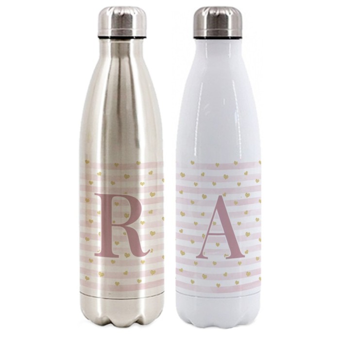 Bottiglia / Borraccia Termica in acciaio inox personalizzata con iniziale e righe rosa