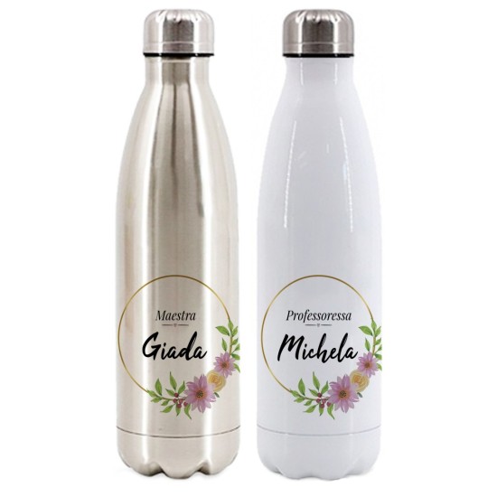 Bottiglia / Borraccia Termica per la maestra personalizzata con nome e classe o nomi bambini sul retro