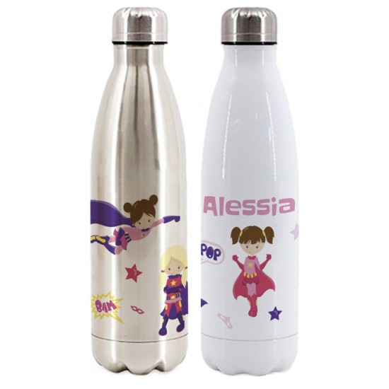 borraccia bottiglia termica in acciaio per bambina personalizzata con super eroine e nome