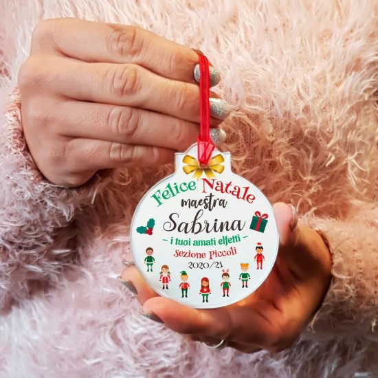 Pallina natale (sfera) in plexiglass personalizzata con dedica per la maestra
