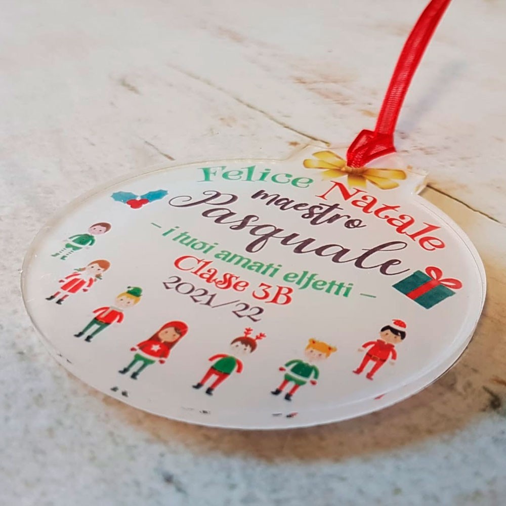 Pallina natale (sfera) in plexiglass personalizzata con dedica per la maestra