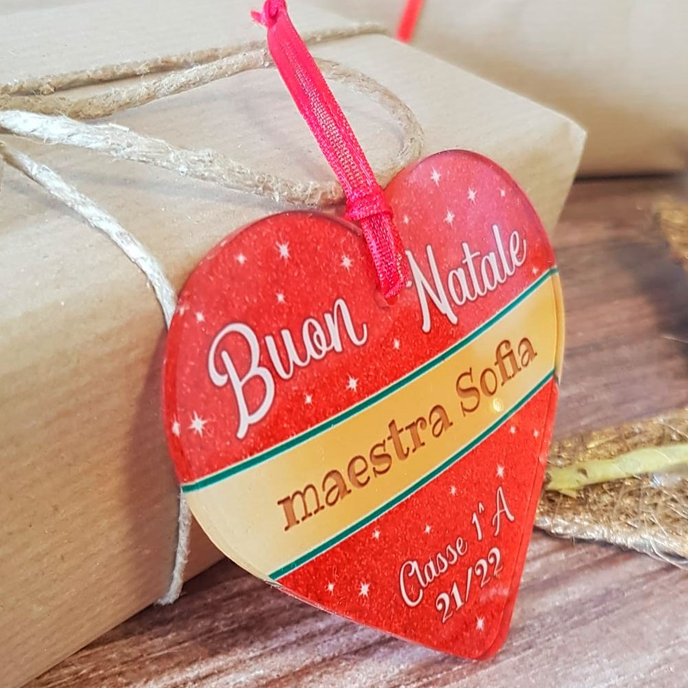 Addobbo natalizio cuore in plexiglass personalizzato per la maestra o maestro con nome e classe