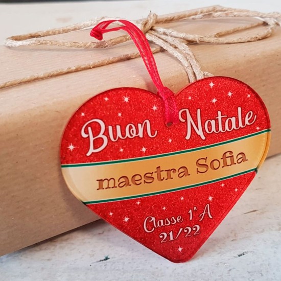 Addobbo natalizio cuore in plexiglass personalizzato per la maestra o maestro con nome e classe