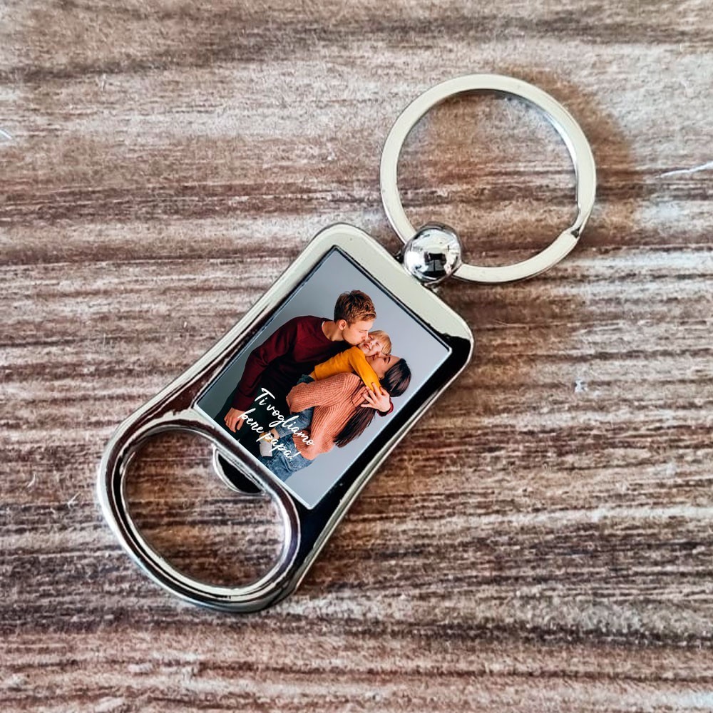 Portachiavi cavatappi per il papà in acciaio personalizzato con foto e testo