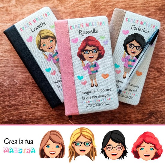 Taccuino con avatar maestra completamente personalizzabile e nomi bambini