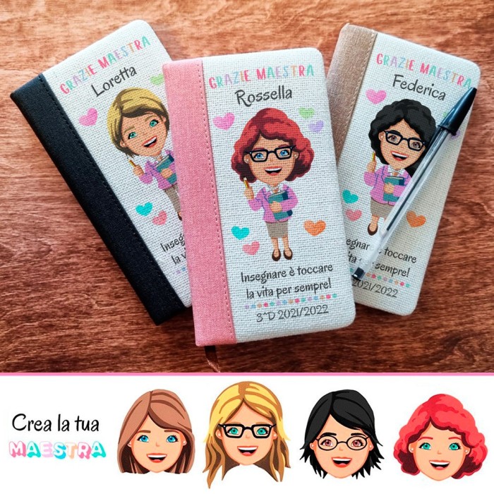 Taccuino con avatar maestra completamente personalizzabile e nomi bambini