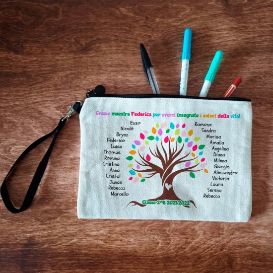 Pochette/astuccio "Albero della vita" regalo personalizzato con nome maestra e nomi bambini