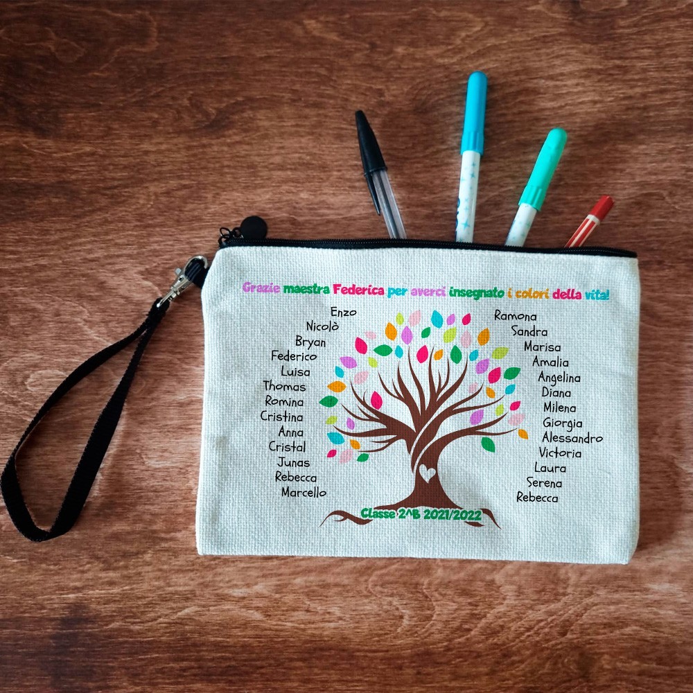 Pochette/astuccio "Albero della vita" regalo personalizzato con nome maestra e nomi bambini