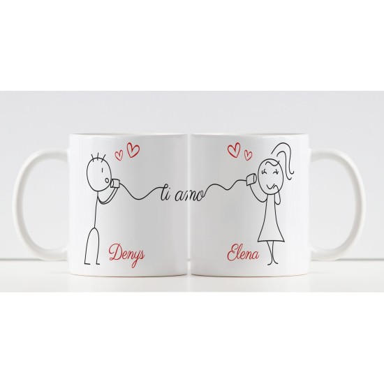 Tazze di coppia con disegno Due innamorati e personalizzate con nomi
