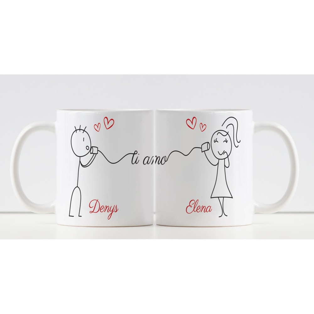Tazze di coppia con disegno Due innamorati e personalizzate con nomi