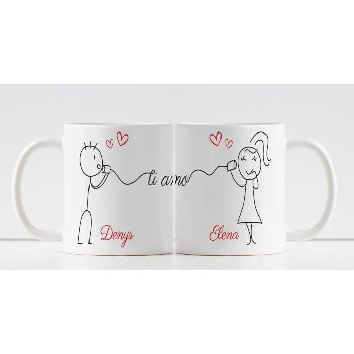Tazze di coppia con disegno Due innamorati e personalizzate con nomi