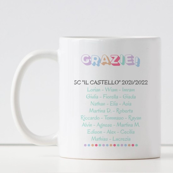 Tazza con maestra completamente personalizzata, classe e nomi bambini