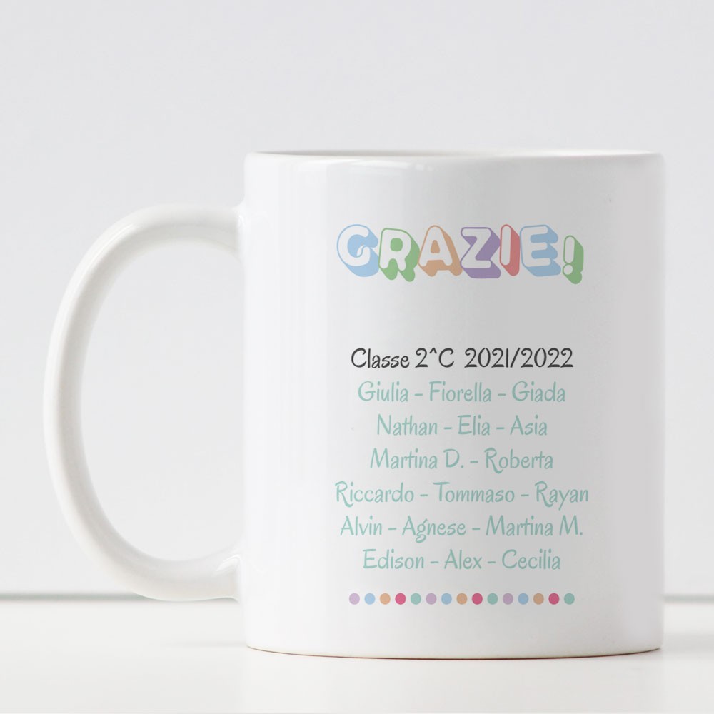 Tazza con avatar maestro, personalizzata con classe e nomi bambini