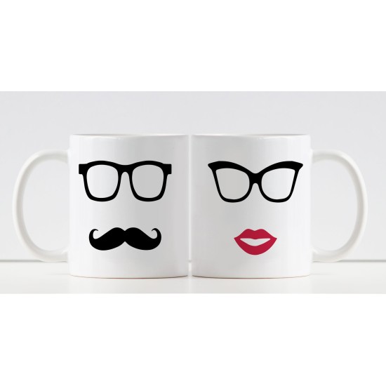 Tazze regalo di coppia, personalizzate con baffi, bocca e nomi