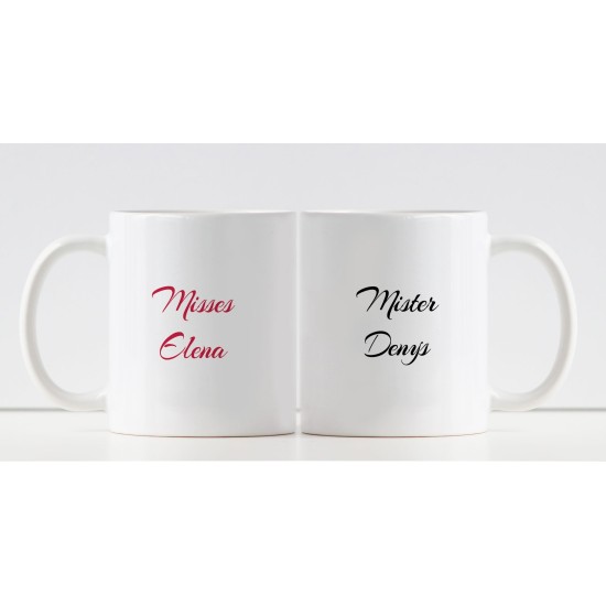 Tazze regalo di coppia, personalizzate con baffi, bocca e nomi