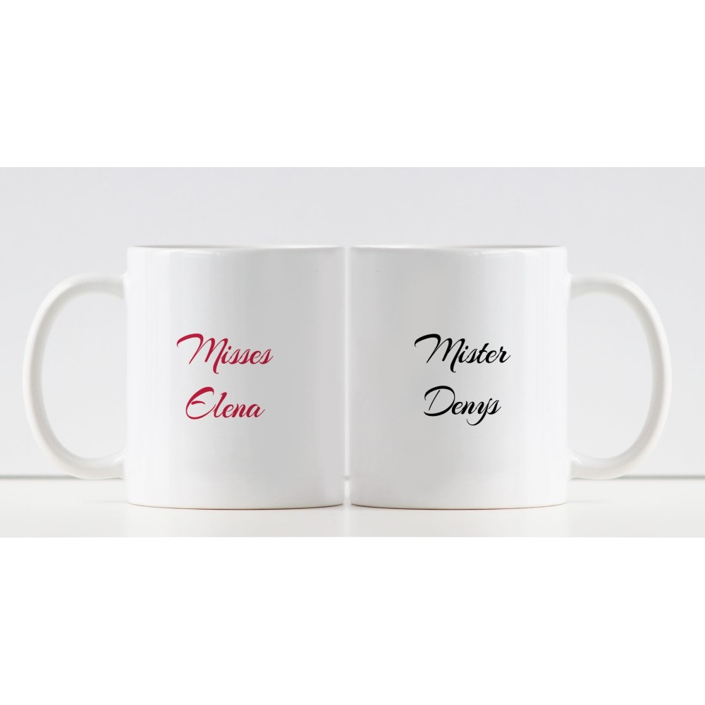 Tazze regalo di coppia, personalizzate con baffi, bocca e nomi