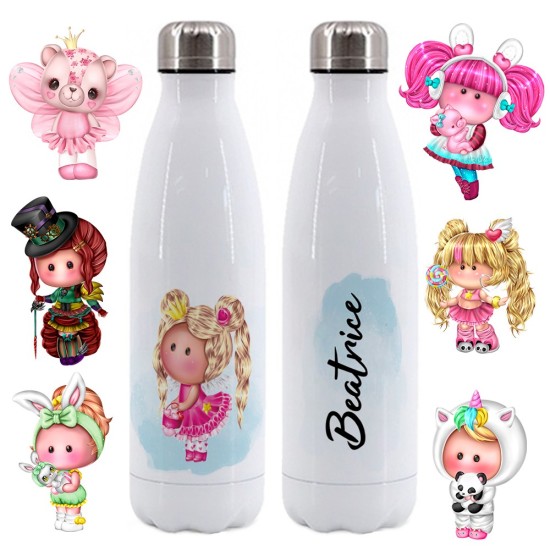 Borraccia personalizzata con dolce bambolina e nome per bambine