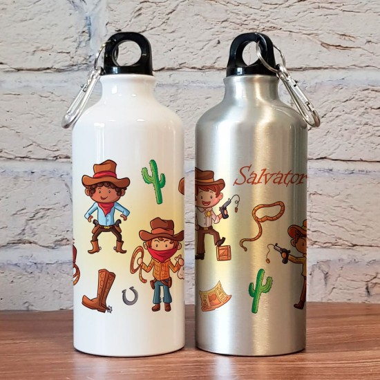 Borraccia personalizzata per bambini con disegno cowboy e nome del bambino