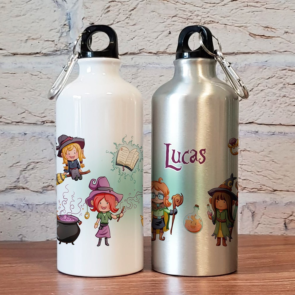 Borraccia personalizzata per bambini con  disegno scuola di magia e nome della bambina o bambino