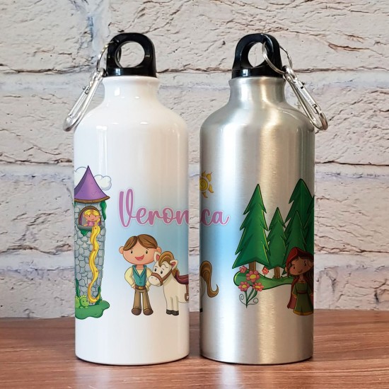 Borraccia personalizzata per bambini con disegno la principessa nella torre e nome