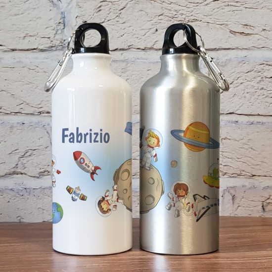 Borraccia per bambini con disegno spazio e nome del bambino o bambina