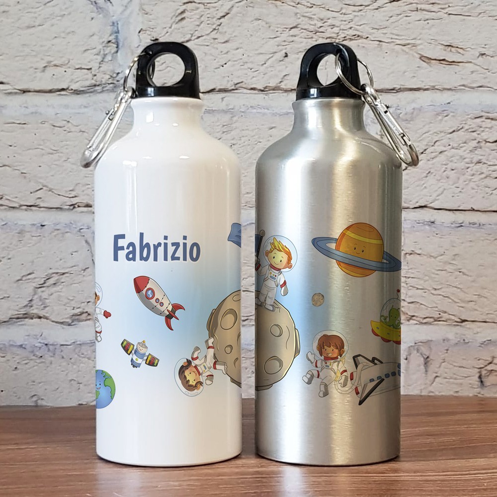 Borraccia per bambini con disegno spazio e nome del bambino o bambina
