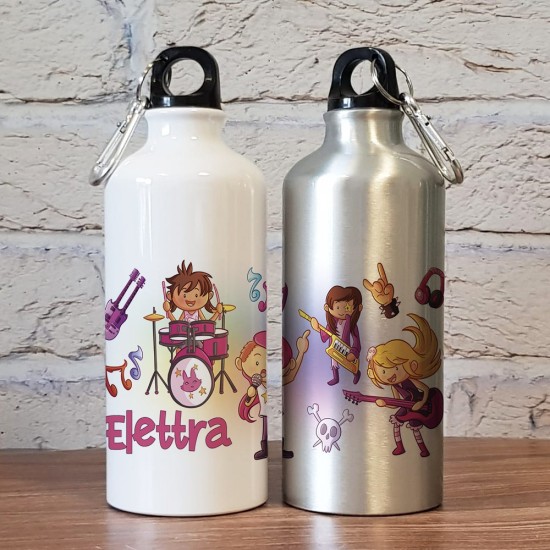 Borraccia personalizzata per bambine con disegno girl rock band e nome della bambina