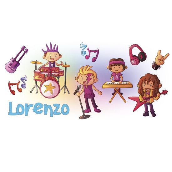 Borraccia personalizzata per bambini con disegno boy rock band e nome del bambino