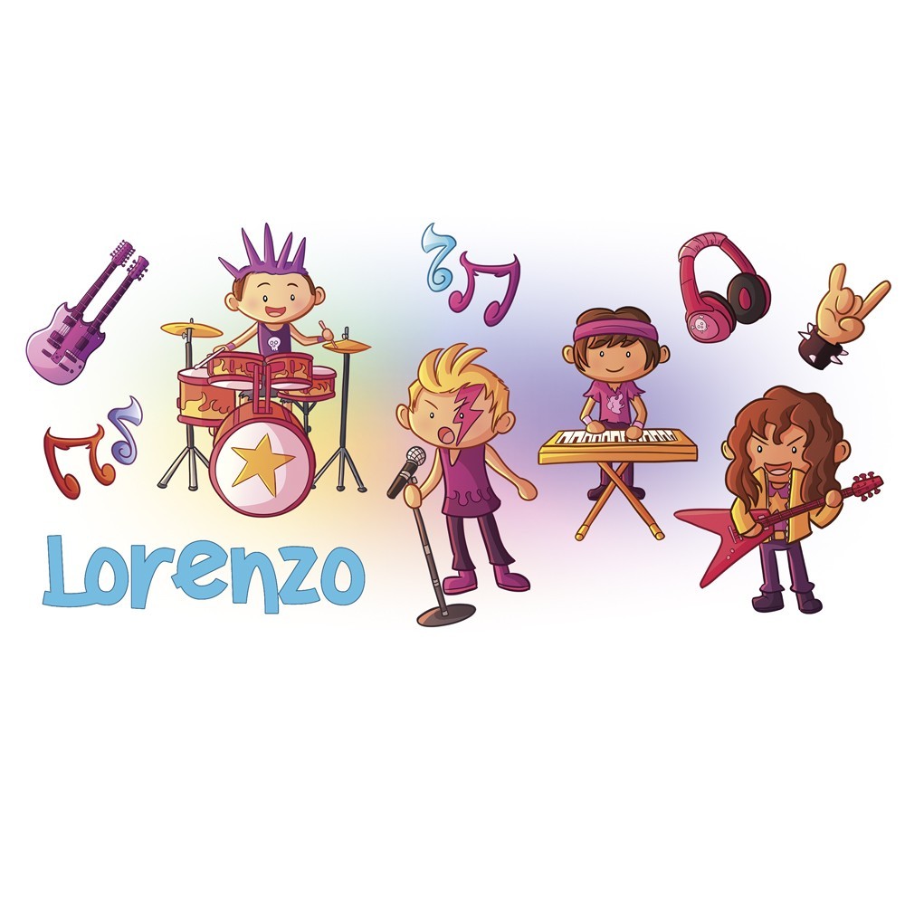 Borraccia personalizzata per bambini con disegno boy rock band e nome del bambino