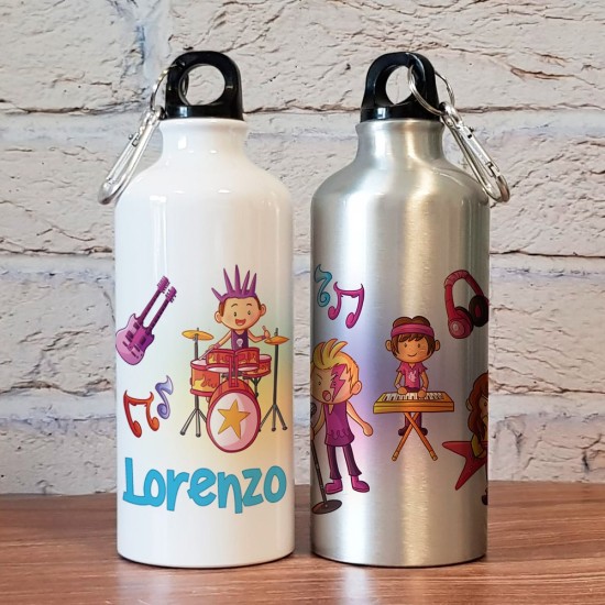 Borraccia personalizzata per bambini con disegno boy rock band e nome del bambino