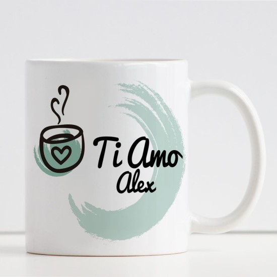 Tazza personalizzata per gli innamorati amanti del caffè, con disegno, frase e nome sul retro
