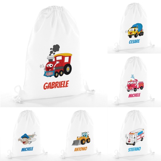Zainetto con camion ruspa treno ecc. personalizzato con nome per bambini