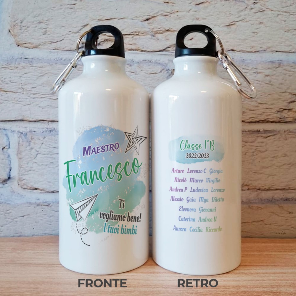 Borraccia regalo personalizzato per maestro, con nome classe e nomi di tutti i bambini