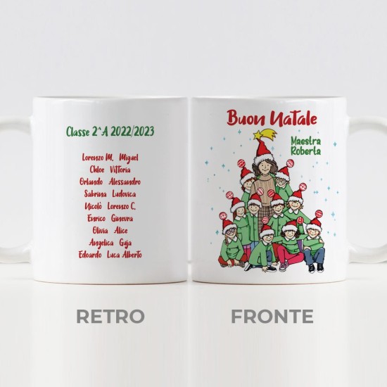 Tazza regalo Natale con avatar maestra, personalizzata con classe e nomi bambini