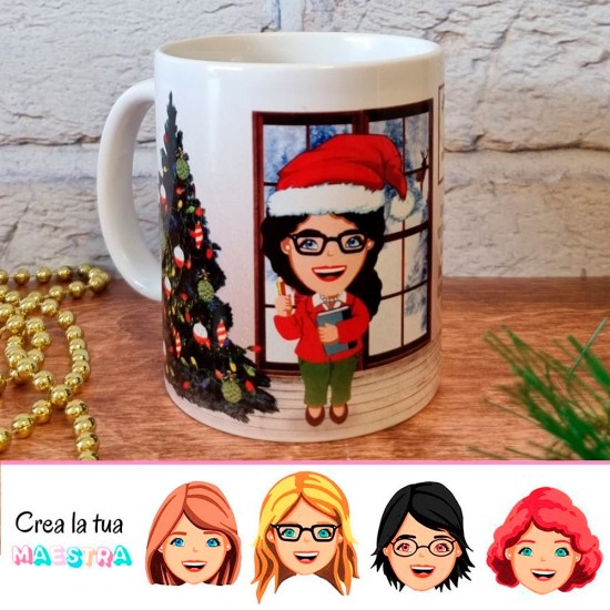 Tazza per Natale con avatar maestra, personalizzata con classe e nomi bambini