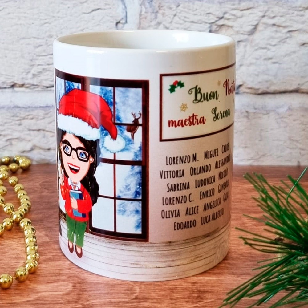 Tazza per Natale con avatar maestra, personalizzata con classe e nomi bambini