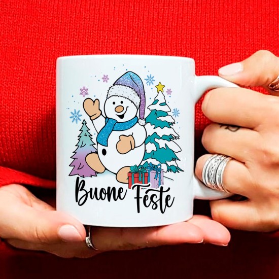 Tazza di Natale personalizzata con pupazzo di neve e nome o piccola dedica sul retro