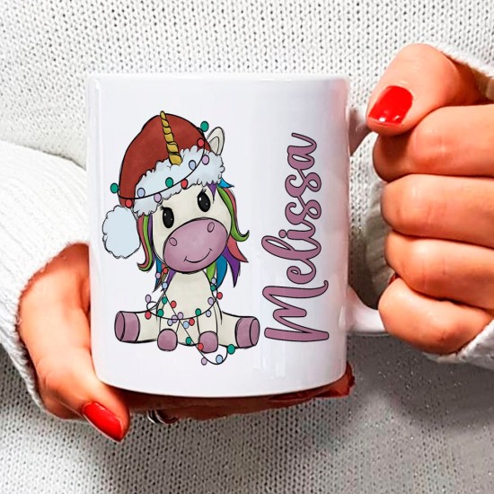 Tazza di Natale personalizzata con unicorno, nome e piccola dedica