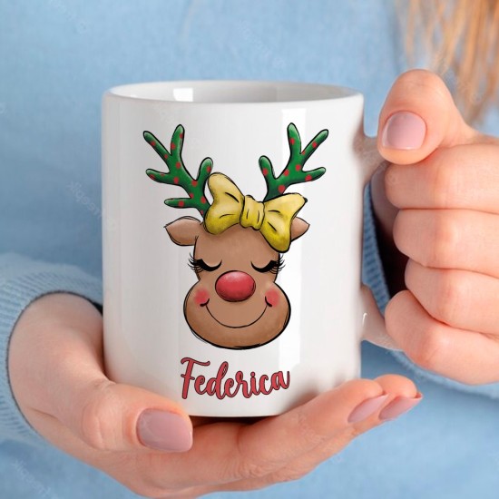 Tazza regalo per Natale personalizzata renna, nome e piccola dedica sul retro