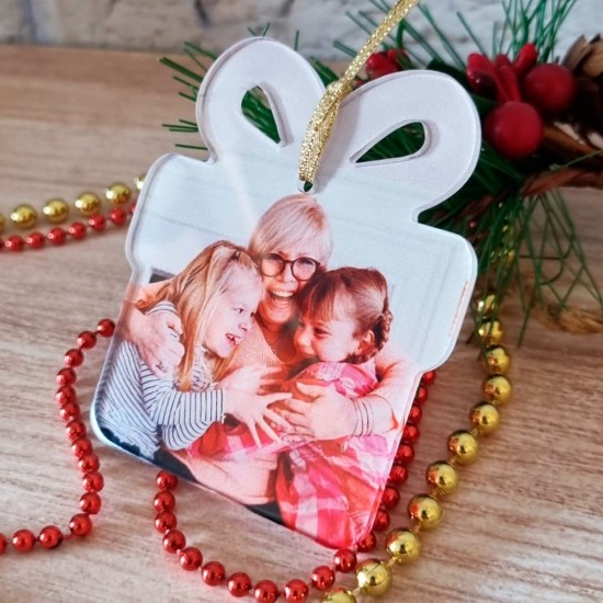 Addobbo natalizio pacco regalo in plexiglass personalizzato con foto