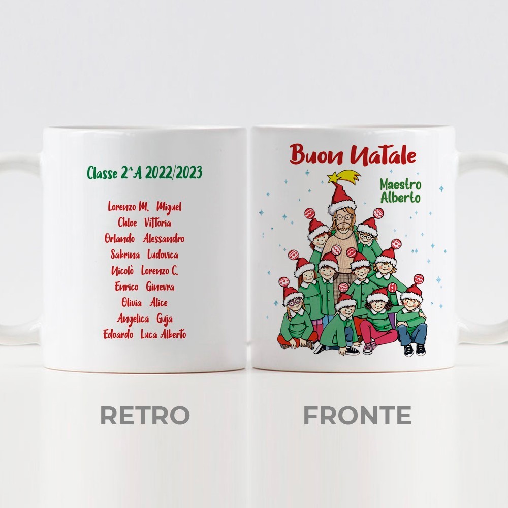 Tazza regalo Natale con avatar maestro, personalizzata con classe e nomi bambini
