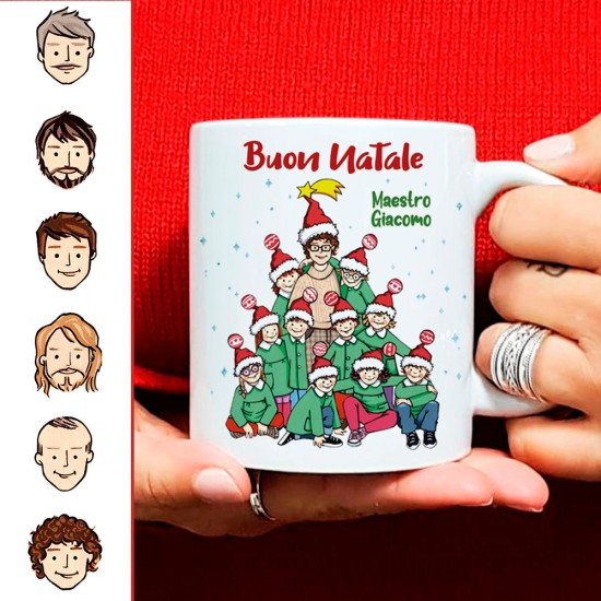 Tazza regalo Natale con avatar maestro, personalizzata con classe e nomi bambini