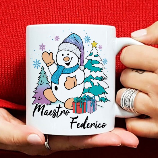 Tazza di Natale per la maestra o maestro personalizzata con pupazzo di neve e nomi di tutti i bambini