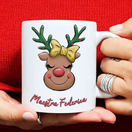 Tazza regalo di Natale per la maestra personalizzata con renna e nomi di tutti i bambini