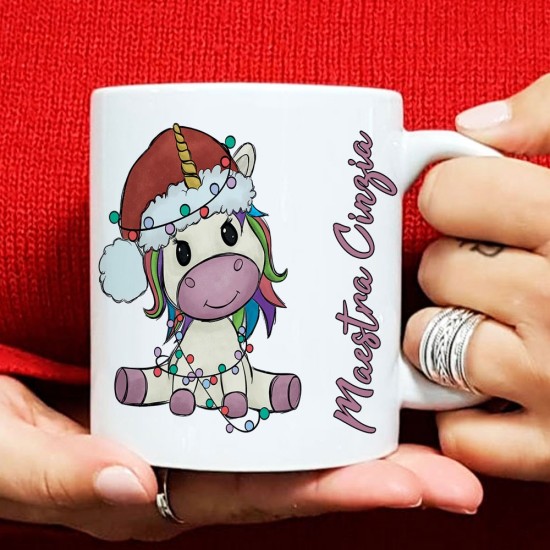 Tazza natalizia per la maestra personalizzata con unicorno e nomi di tutti i bambini