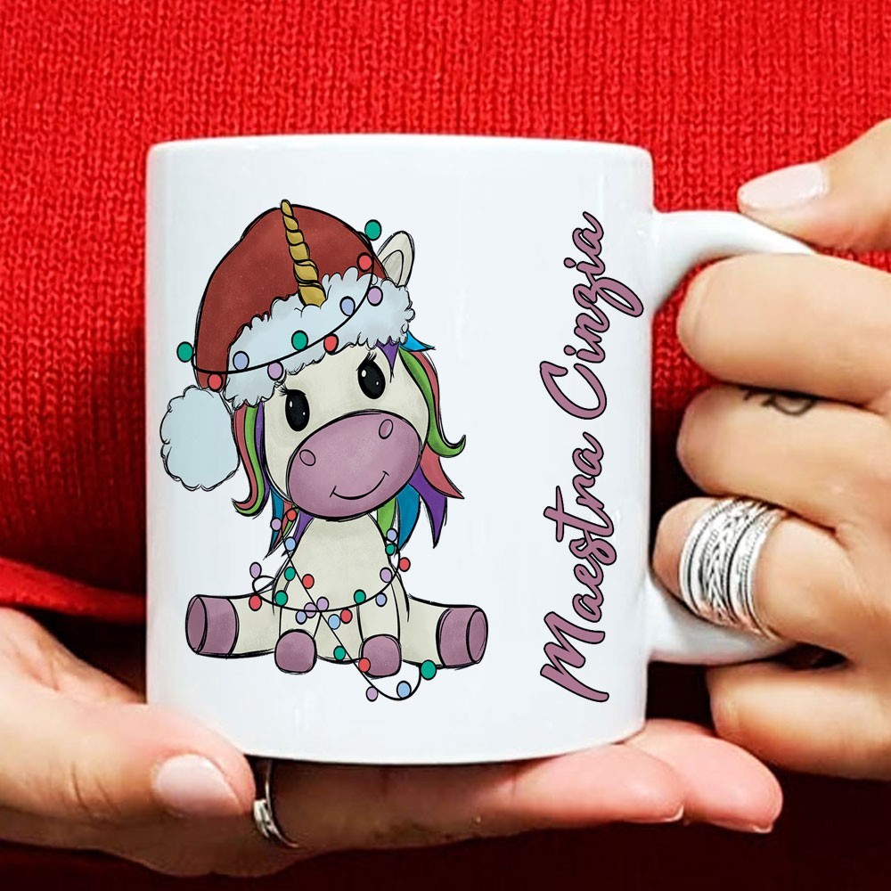 Tazza natalizia per la maestra personalizzata con unicorno e nomi di tutti i bambini