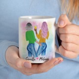 Tazza regalo LGBT personalizzata con 2 ragazze avatar, con scelta della pettinatura e colore capelli e bandiera